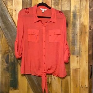 Watermelon color-lightweight tie blouse for beach